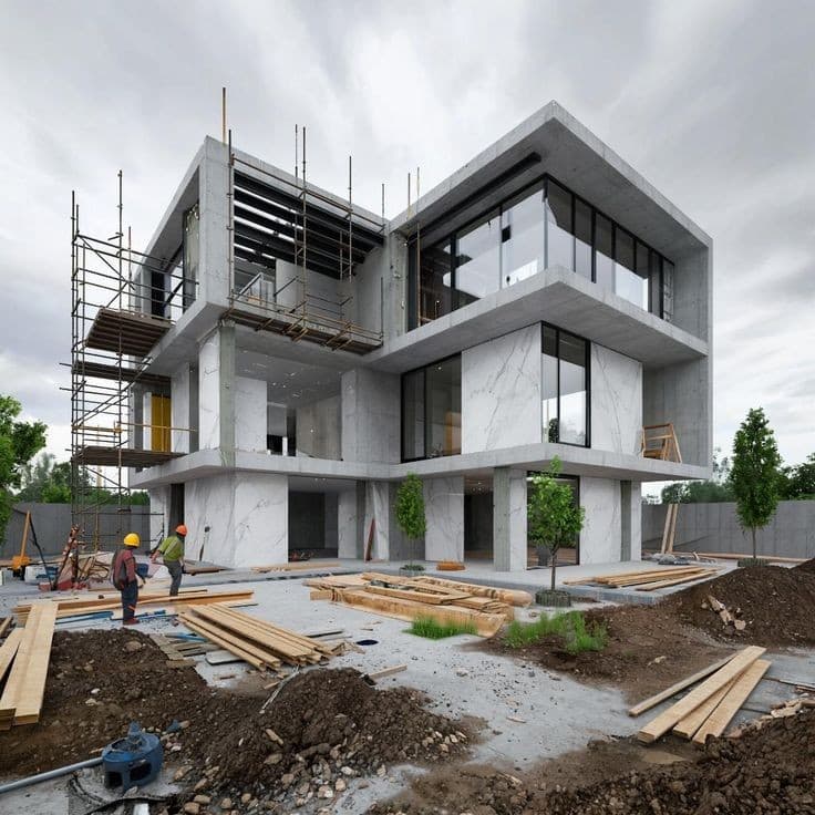 Modern multi-storey building under construction with marble cladding, glass, scaffolding, and site materials