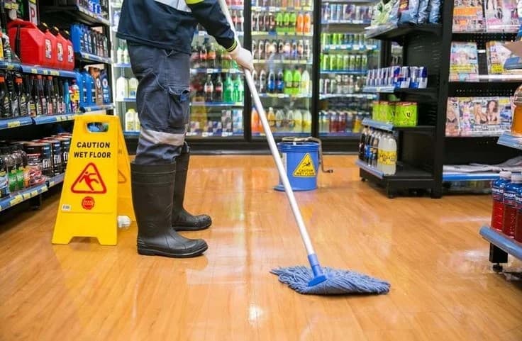 Retail cleaner mopping a shop floor beside a wet-floor caution sign