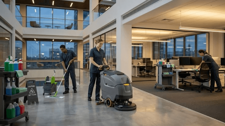 Cleaning team scrubbing floors, mopping, and wiping desks in a modern multi-level campus building